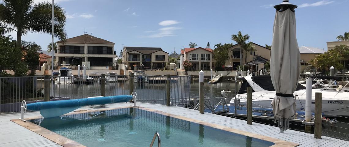The pool umbrella can be directed over the shallow end to keep it shaded.