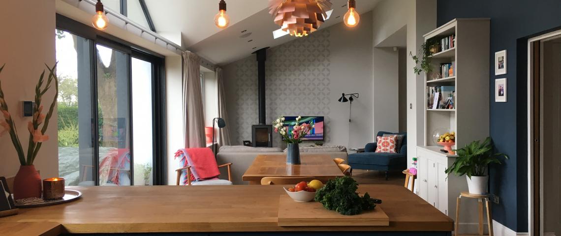 Large open plan living area. Through floor lift is in playroom to far right.