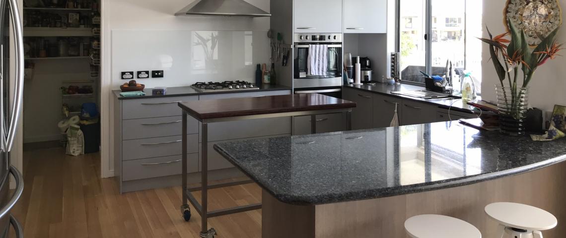 The kitchen also has a full pantry. The is,and bench is on castors so can be removed. I love it as it gives me lots of bench space and I rely on it to move around