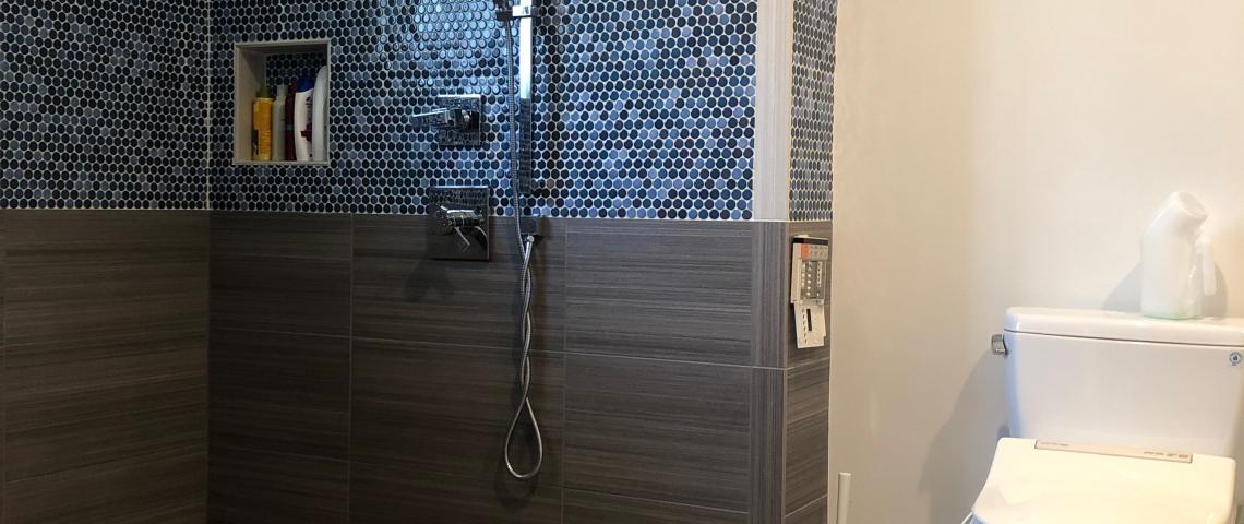 large, accessible shower, shower chair, 